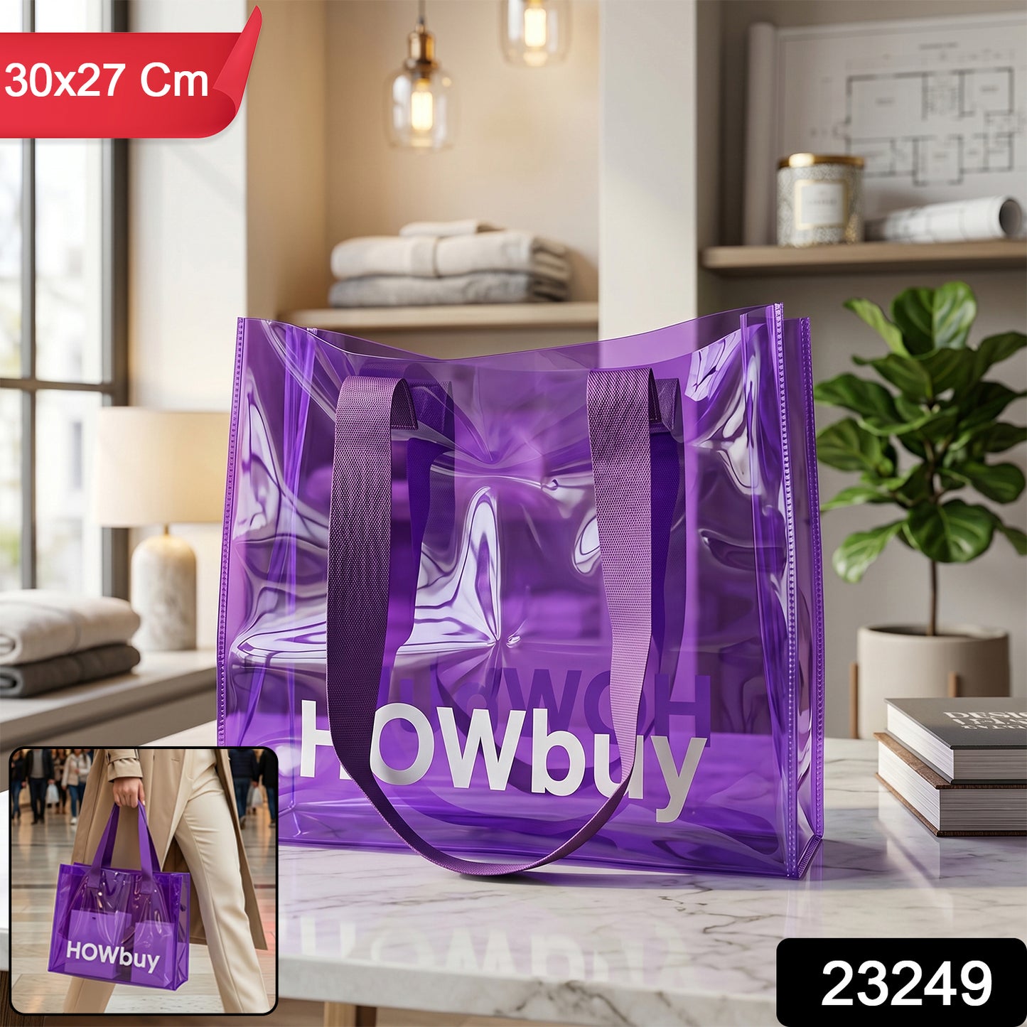 Clear transparent shopping bag with sturdy handles