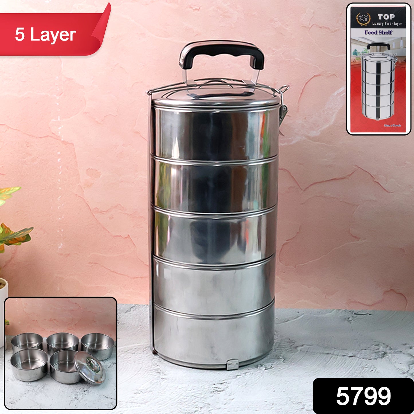 5 Compartment Lunch Box (Stainless Steel): Round Tiffin, Leakproof (16x5")
