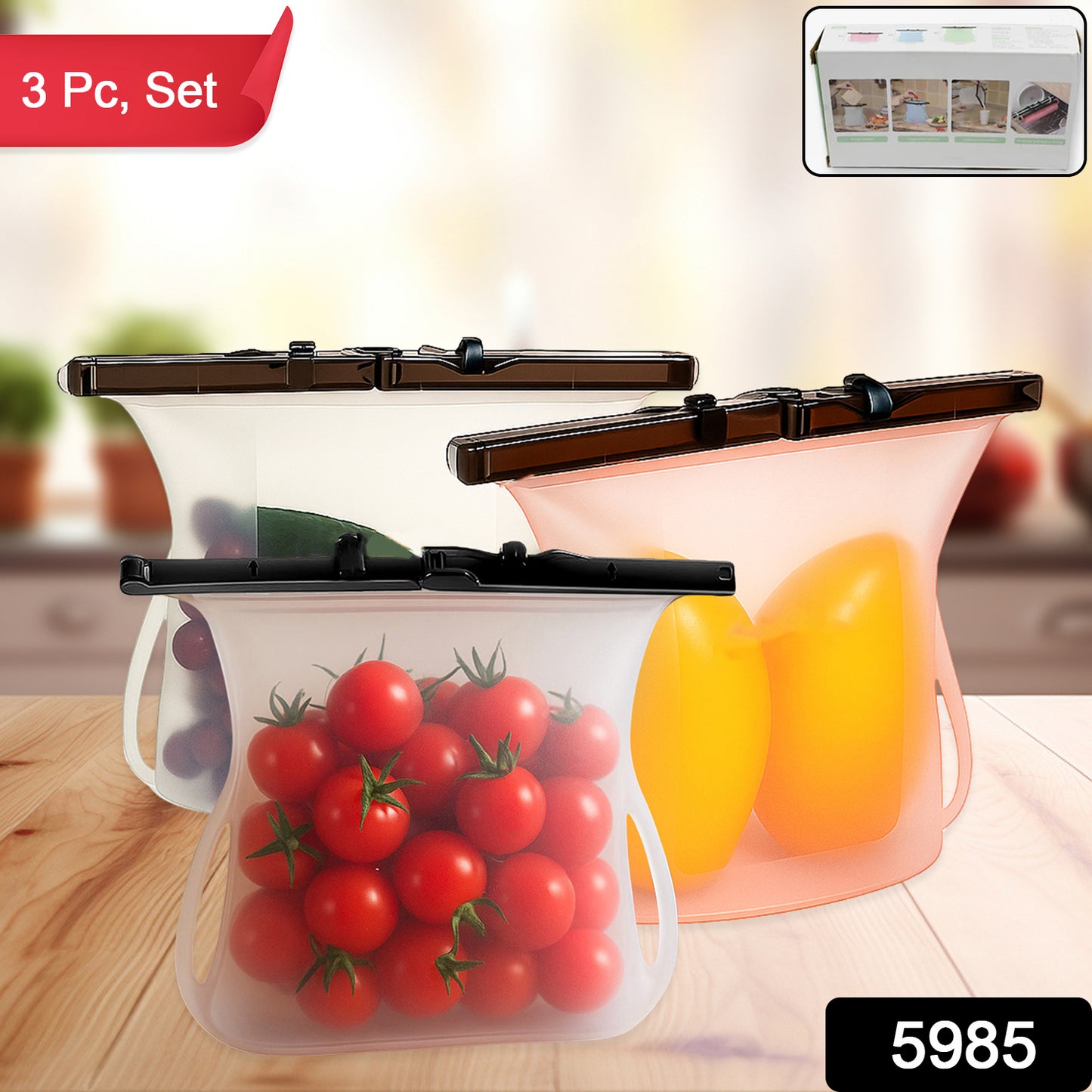 पर्यावरण अनुकूल खाद्य भंडारण: पुन: प्रयोज्य सिलिकॉन बैग (3-पैक) - रिसाव रहित और सुरक्षित