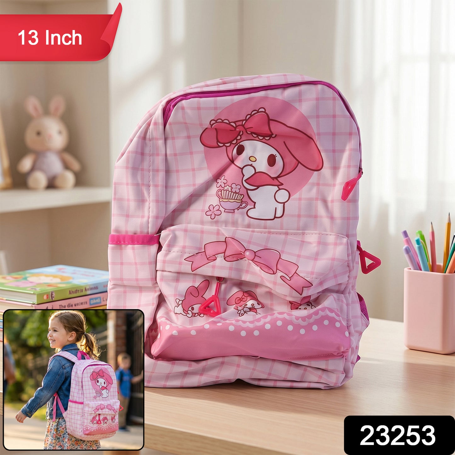 Pink My Melody kids school backpack with bunny design