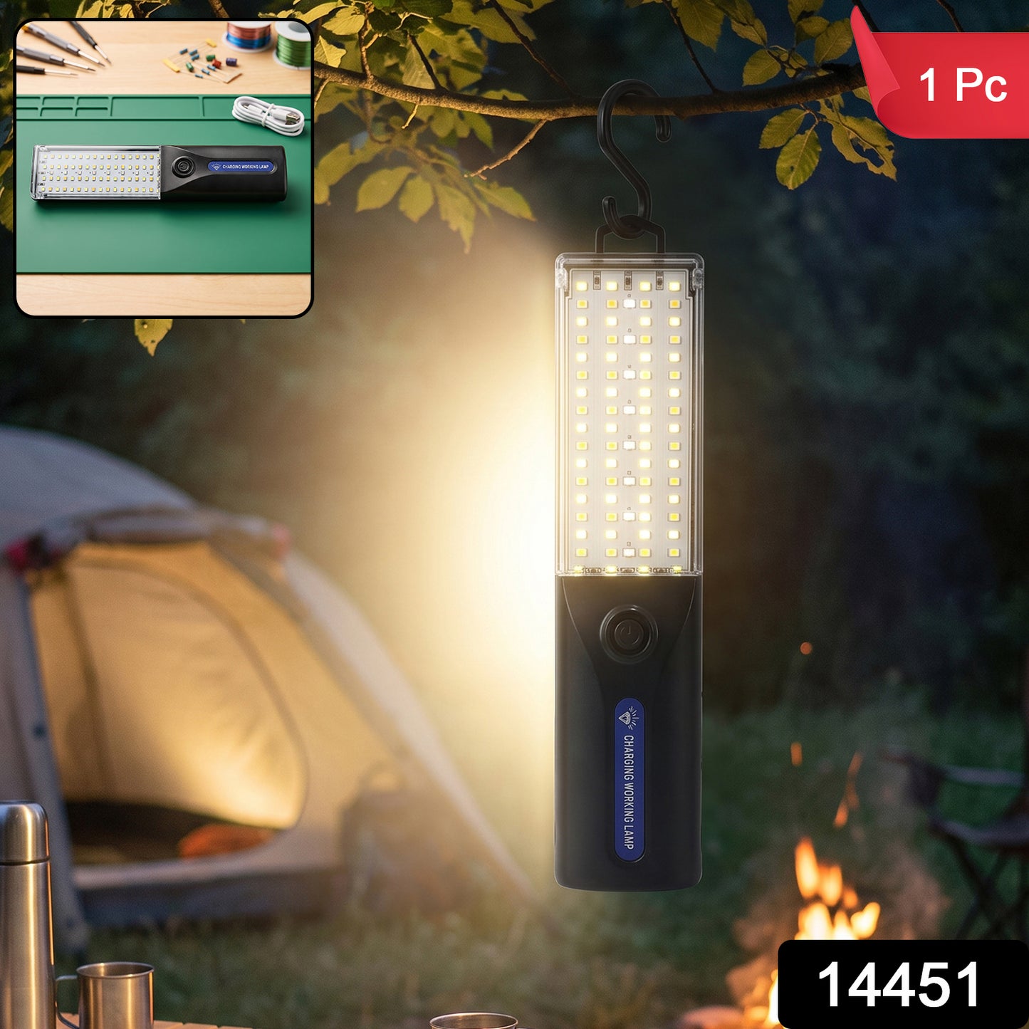LED Rechargeable Working Lamp with Hanging Hook for Camping Garage (1 Pc)