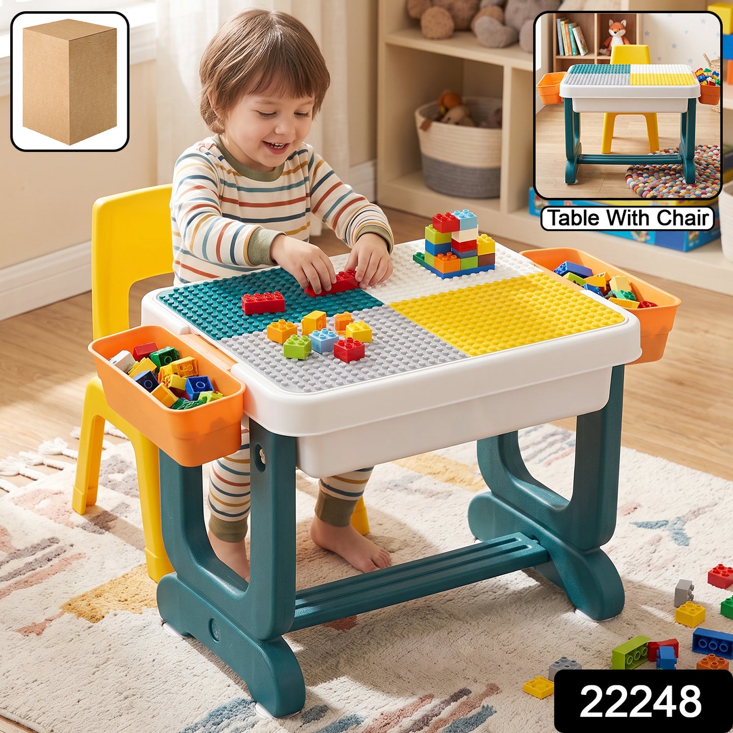 Kids Building Block Activity Table and Chair Set with Storage Bins (2 Pc Set)