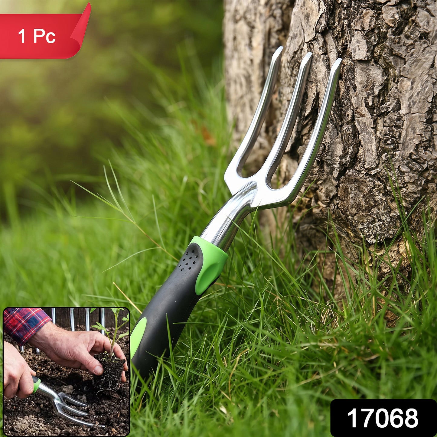 Garden Hand Fork 3 Tine Stainless Steel Digging Tool Ergonomic Handle (1 Pc)