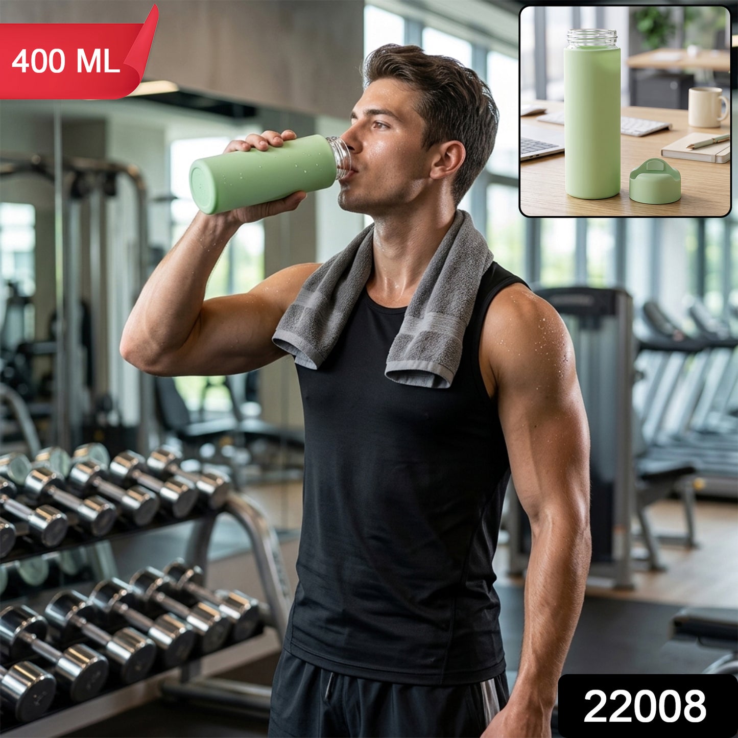 400 ML Glass Water Bottle with Silicone Sleeve for Gym Office (1 Pc)