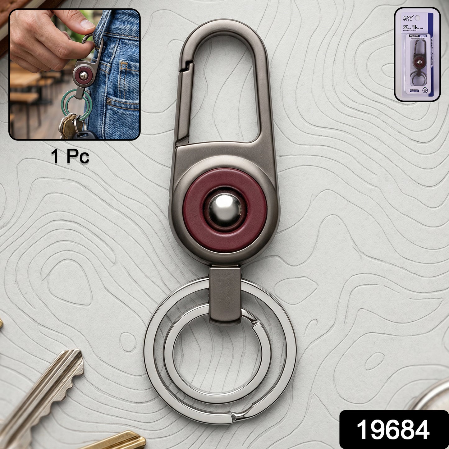 Close-up of metal key holder with sleek modern finish and secure locking carabiner