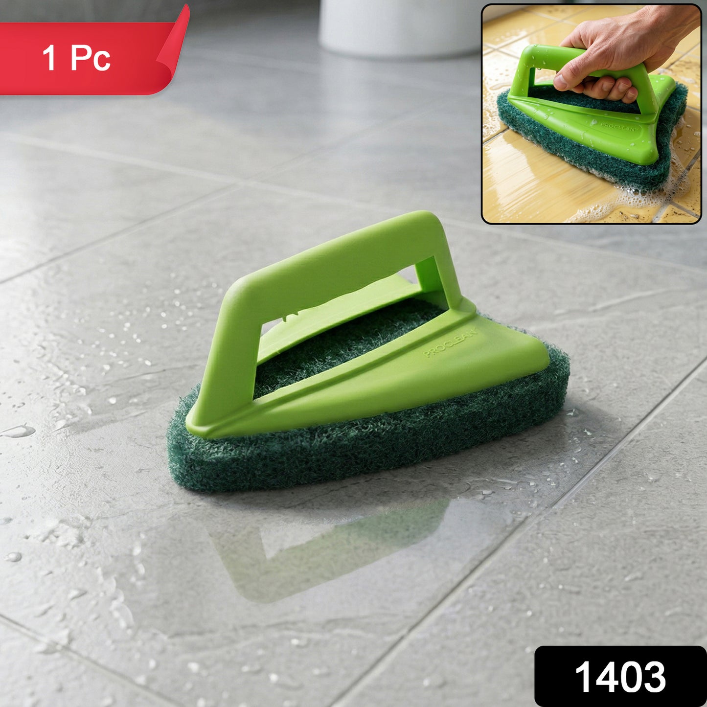 Close-up of scrubber brush handle and sponge