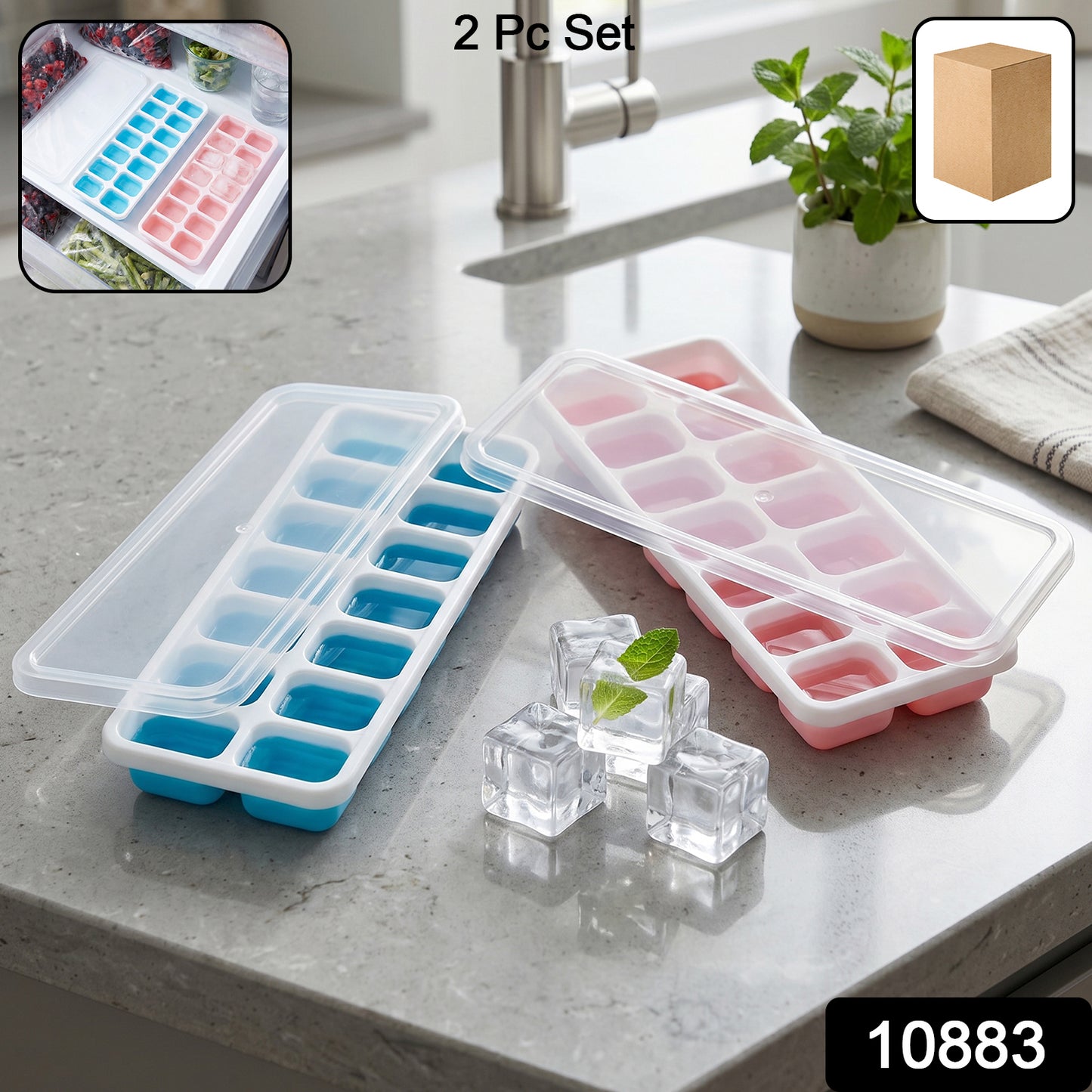 Ice Cube Tray Set with 14-grid design and lid