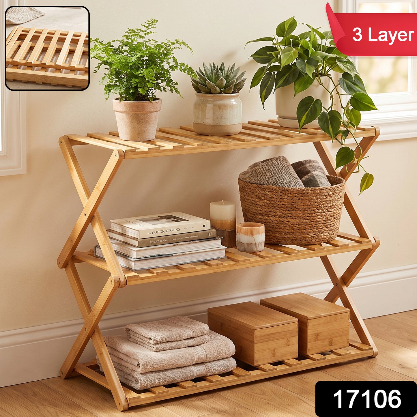 3 Layer Foldable Bamboo Shoe Rack Multi-Purpose Storage Shelf (1 Set)