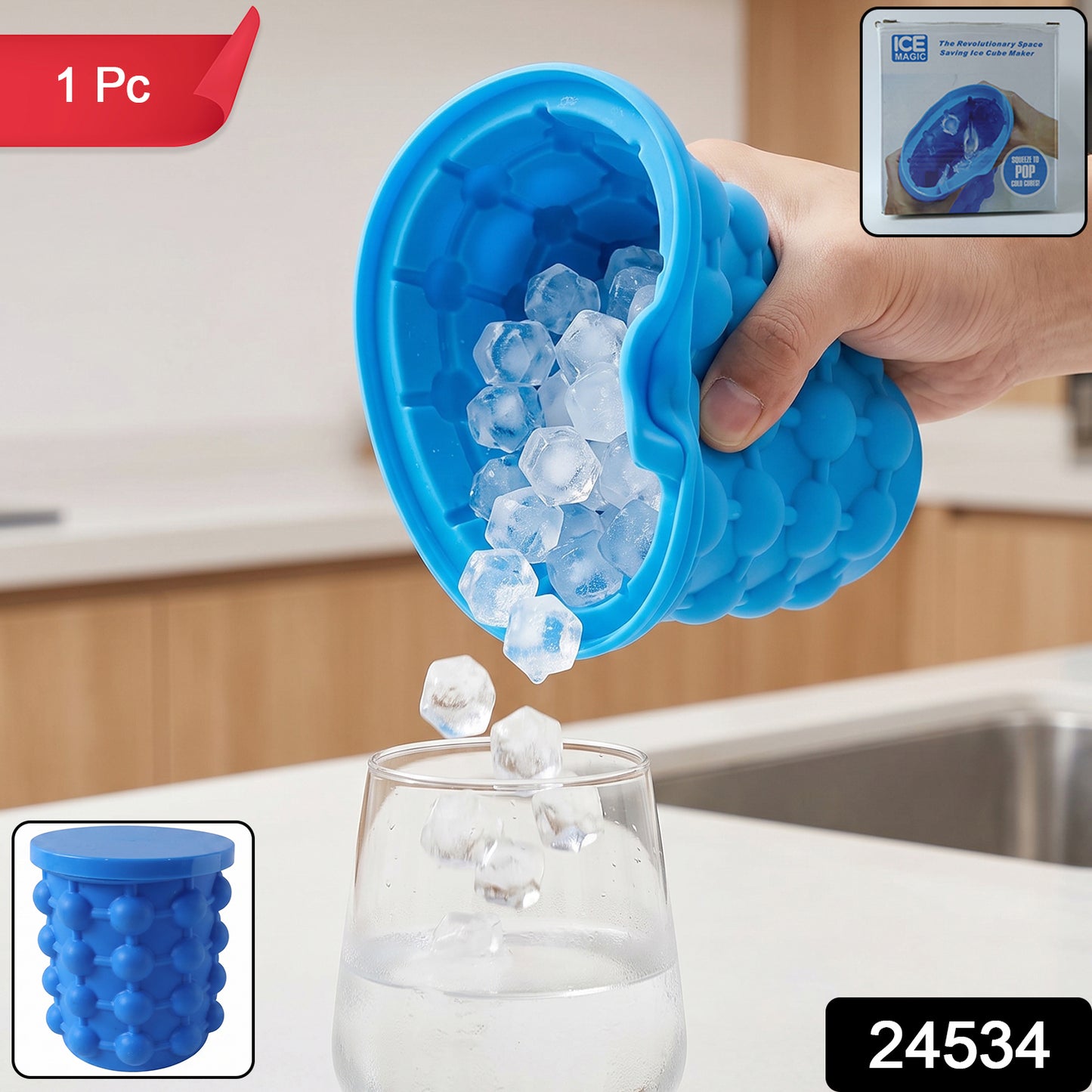 Silicone Ice Cube Maker Cup Squeeze to Pop Mould with Lid Space Saving (1 Pc)