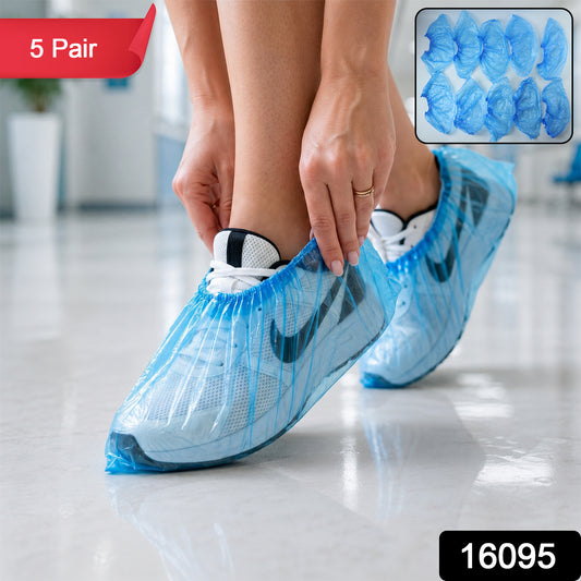 Blue disposable plastic shoe covers with elastic fit