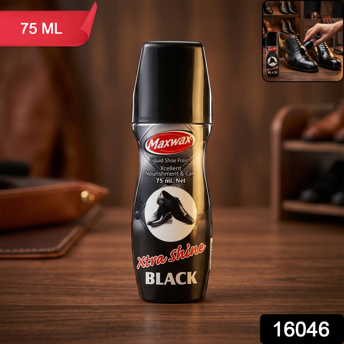 Maxwax black liquid shoe polish packaging