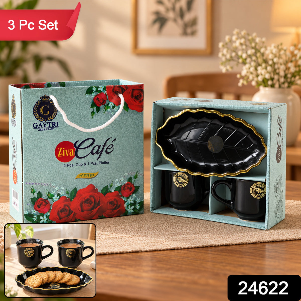 Tea and Coffee Cup Set with Leaf Shaped Platter for Biscuit Serving (3 Pc Set)