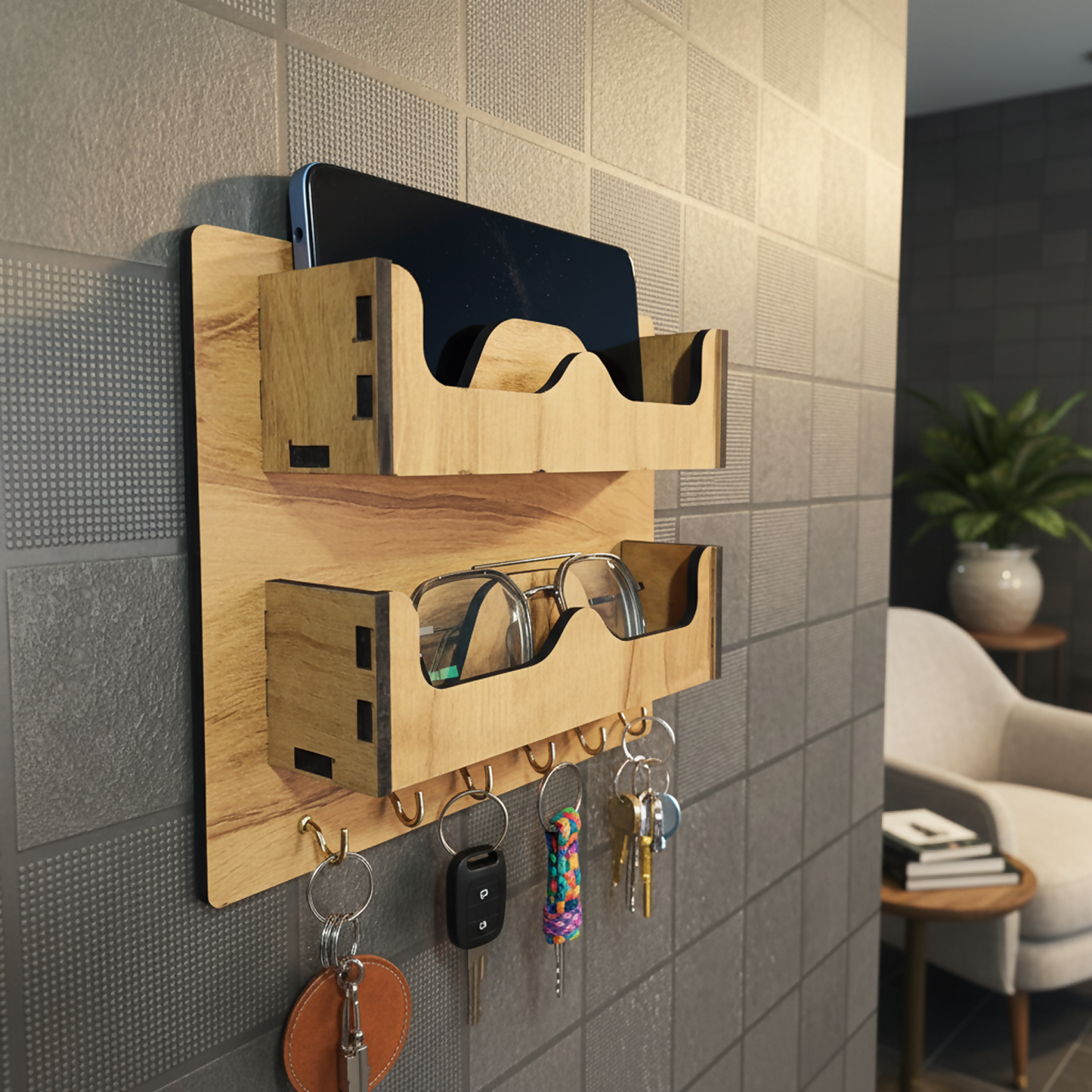 Double Layer Wooden Wall Mounted Organizer with Glasses Shelf and Key Hooks