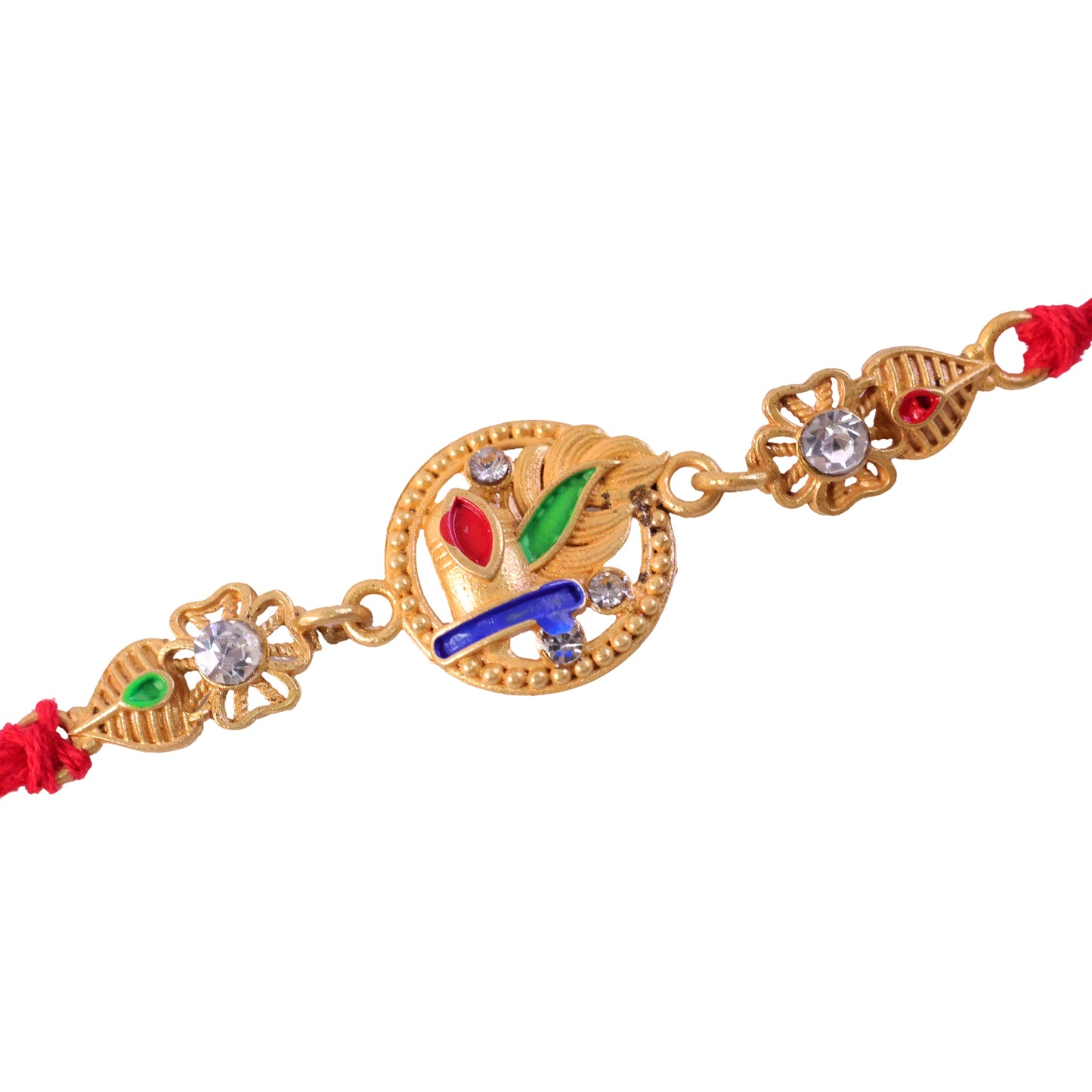 Ornate Rakhi featuring Oval Floral Charm, multicolor stones and chain look for Gift