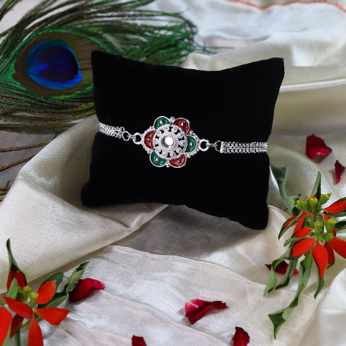 Buy Flower Rakhi for Brothers Silver Finish Mirror Stone (10pcs)