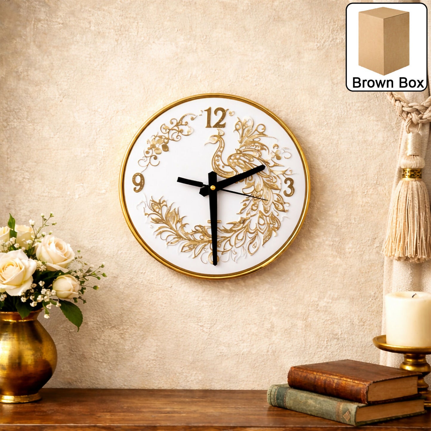 White Resin Art Wall Clock with Peacock Design & Gold Detailing (10x10)