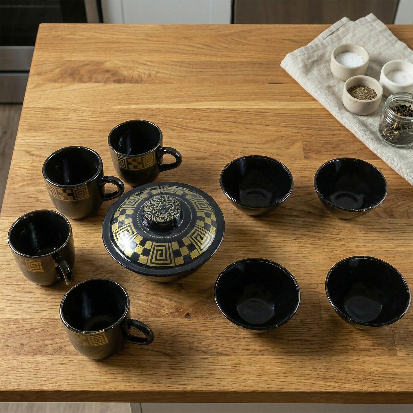 Hot Espresso Cup Set Black Gold Coffee Mug Bowl Set with Serving Pot (9 Pc)