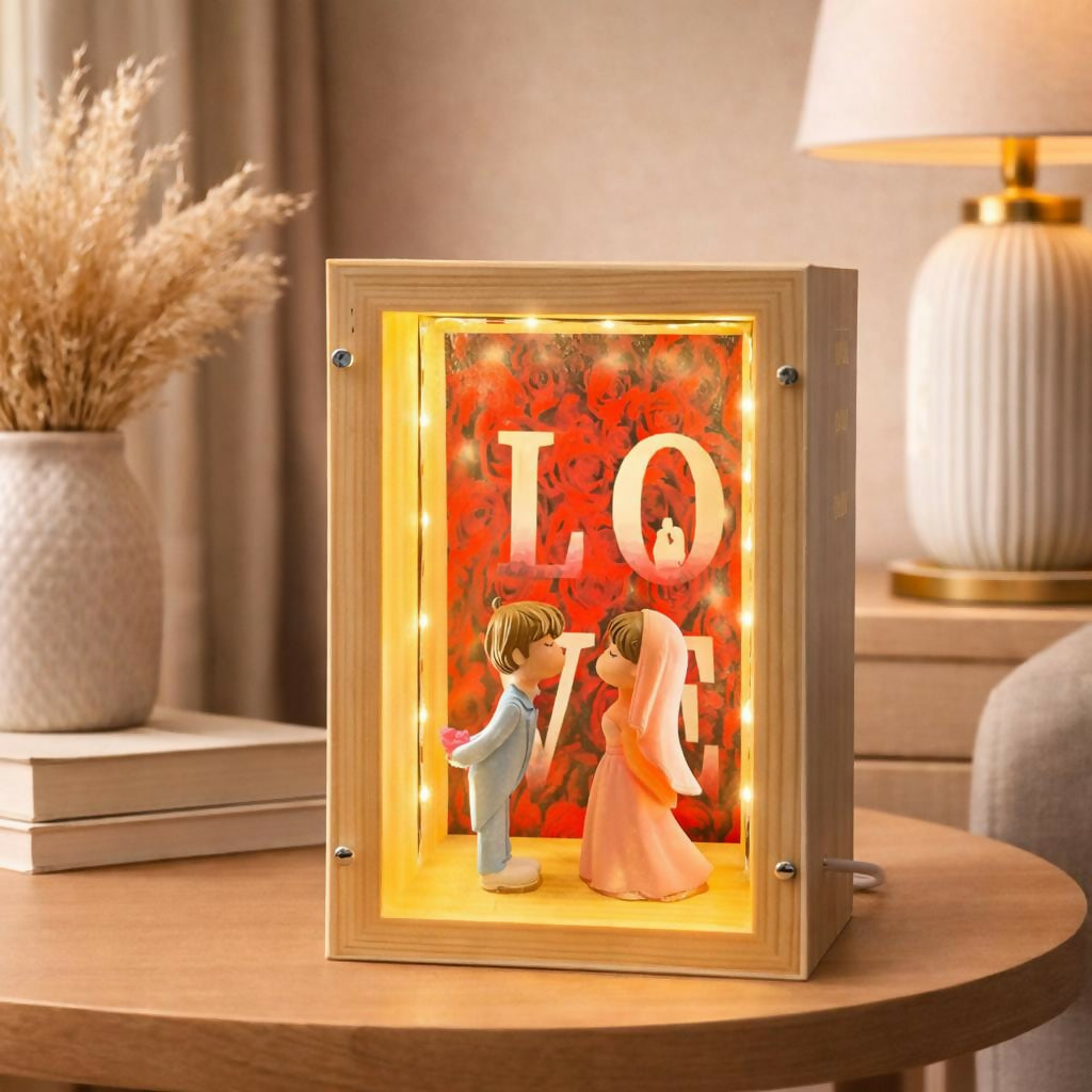 Wooden Couple Shadow Box Lamp for Bedroom, Table & Gift Decor