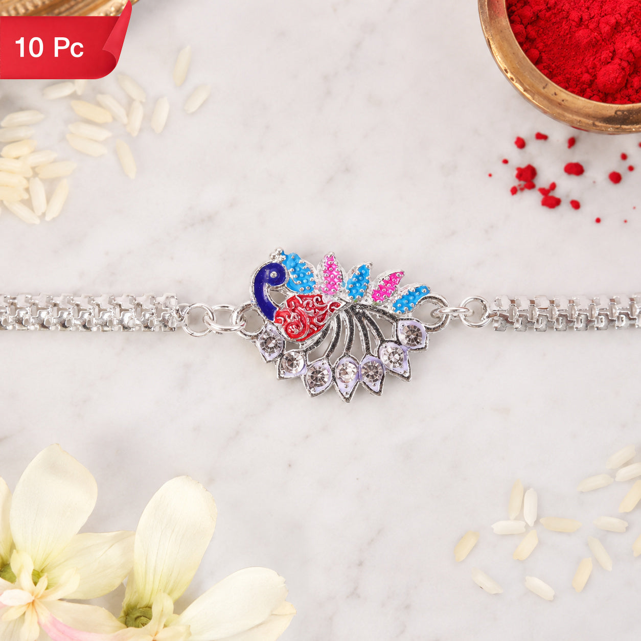 Peacock Rakhi, Enamel Finish Silver-Tone Design for Raksha Bandhan (10pcs)
