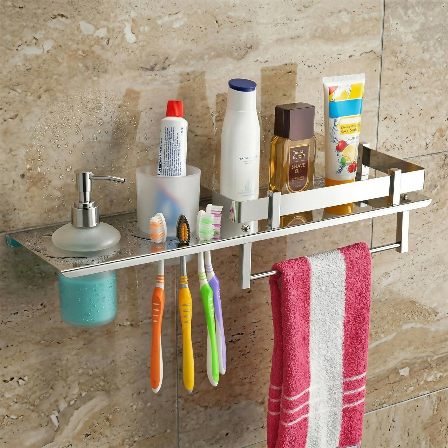 Stainless Steel Wall Mounted Bathroom Shelf with Soap Dispenser, Toothbrush Holder & Towel Rack 1Pc