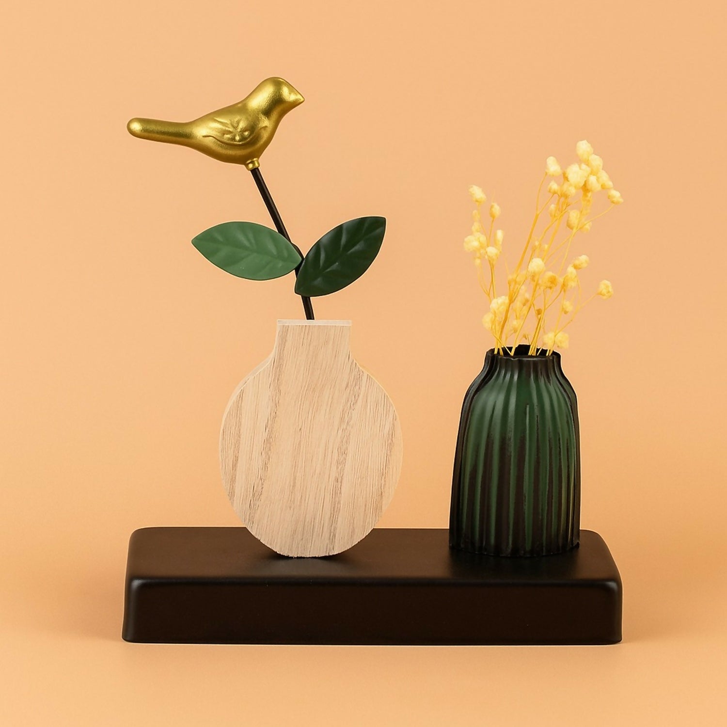 Luxury Metal Bird on Wooden Vase with Green Ceramic Pot & Artificial Flowers | Golden Bird Figurine Table Décor | Elegant Home, Office, Living Room, Bedroom, Café & Gifting Decoration Showpiece