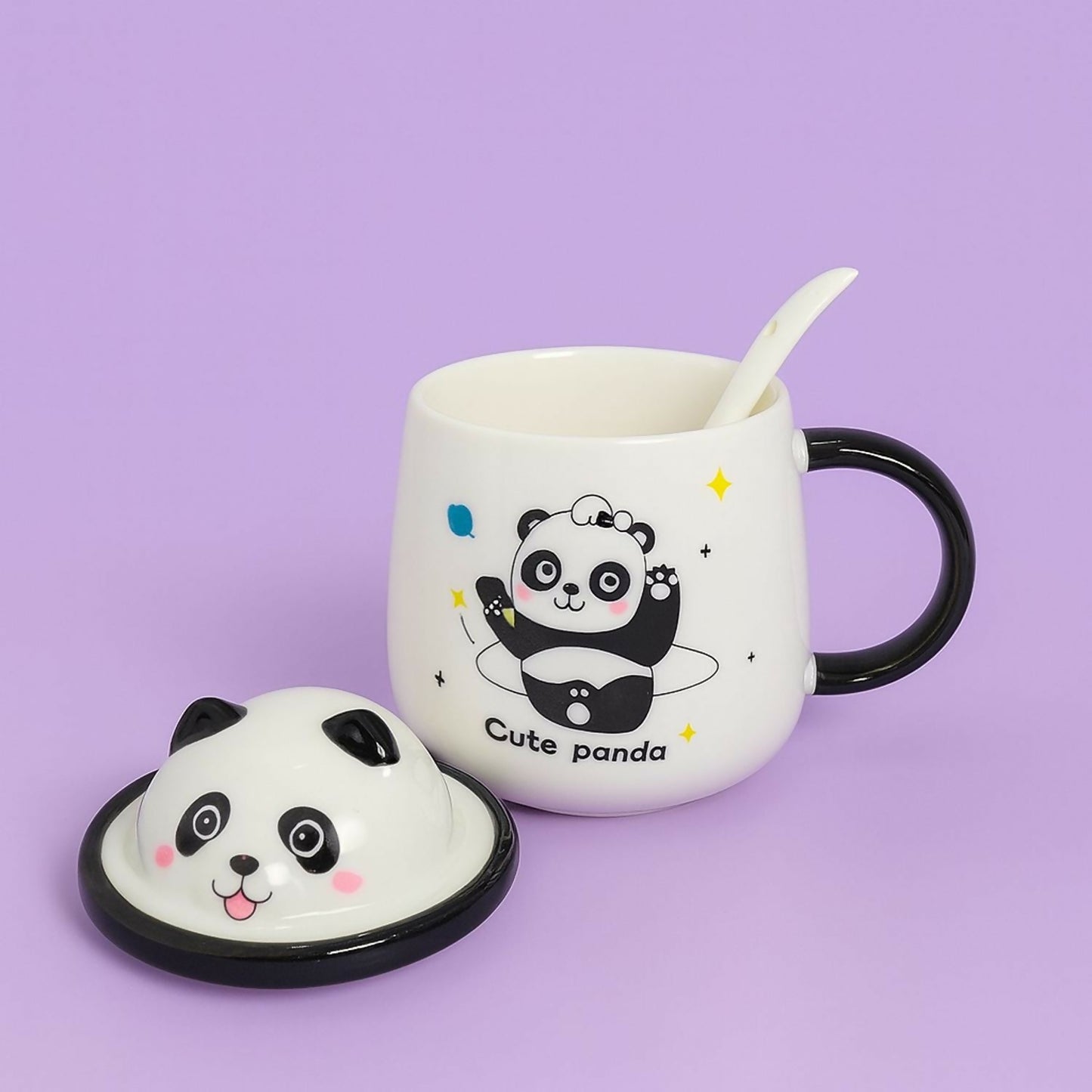 Pack of 1 Cute Panda Ceramic Mug with Lid & Spoon | Cartoon Panda Coffee & Milk Cup for Kids & Adults | Premium Quality Cartoon Mug for Home, Office, Gifting & Daily Use | Heat-Resistant, Easy-Grip Handle (Cute Panda Design)