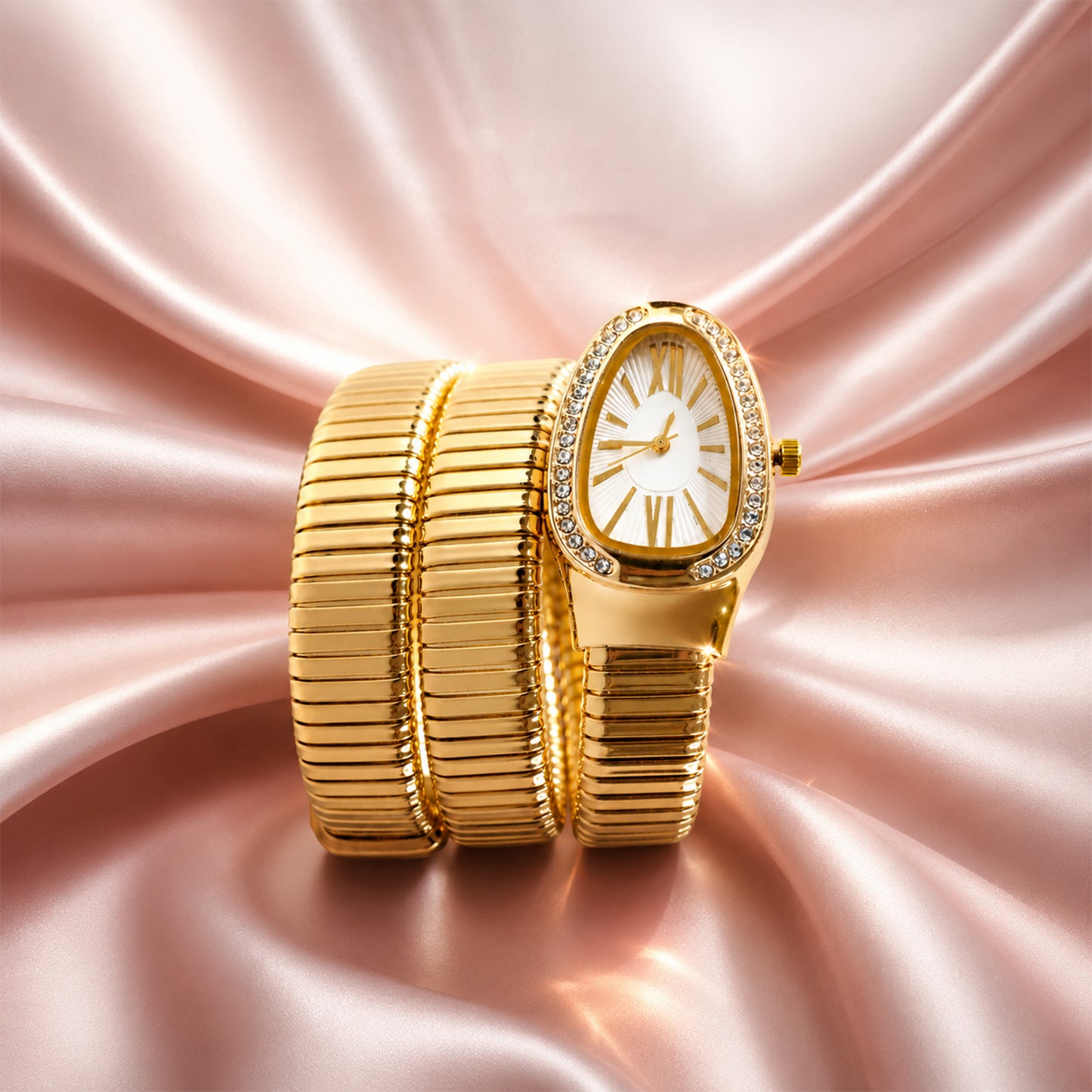 Golden Oval Snake Style Bracelet Watch with Crystal Border Dial for Women