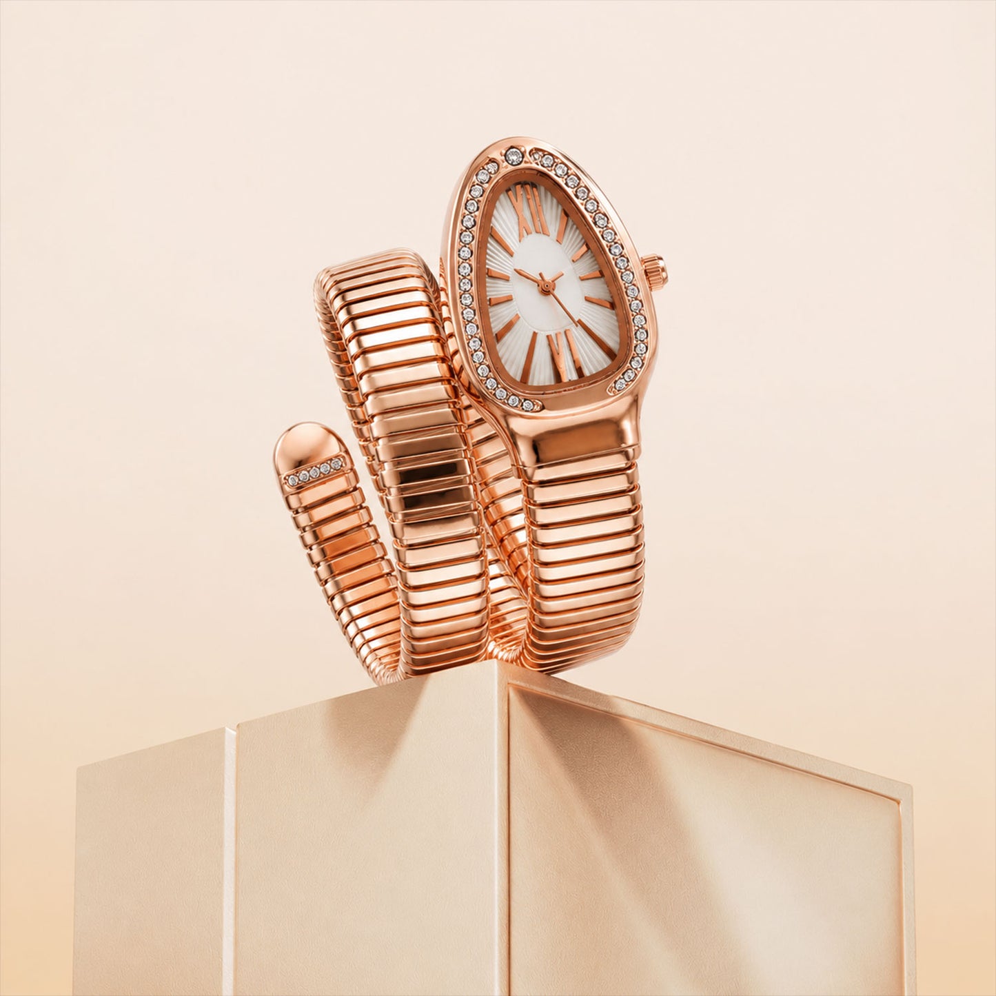 Rose Gold Snake Chain Bracelet Watch with Oval Dial Crystal Border for Women