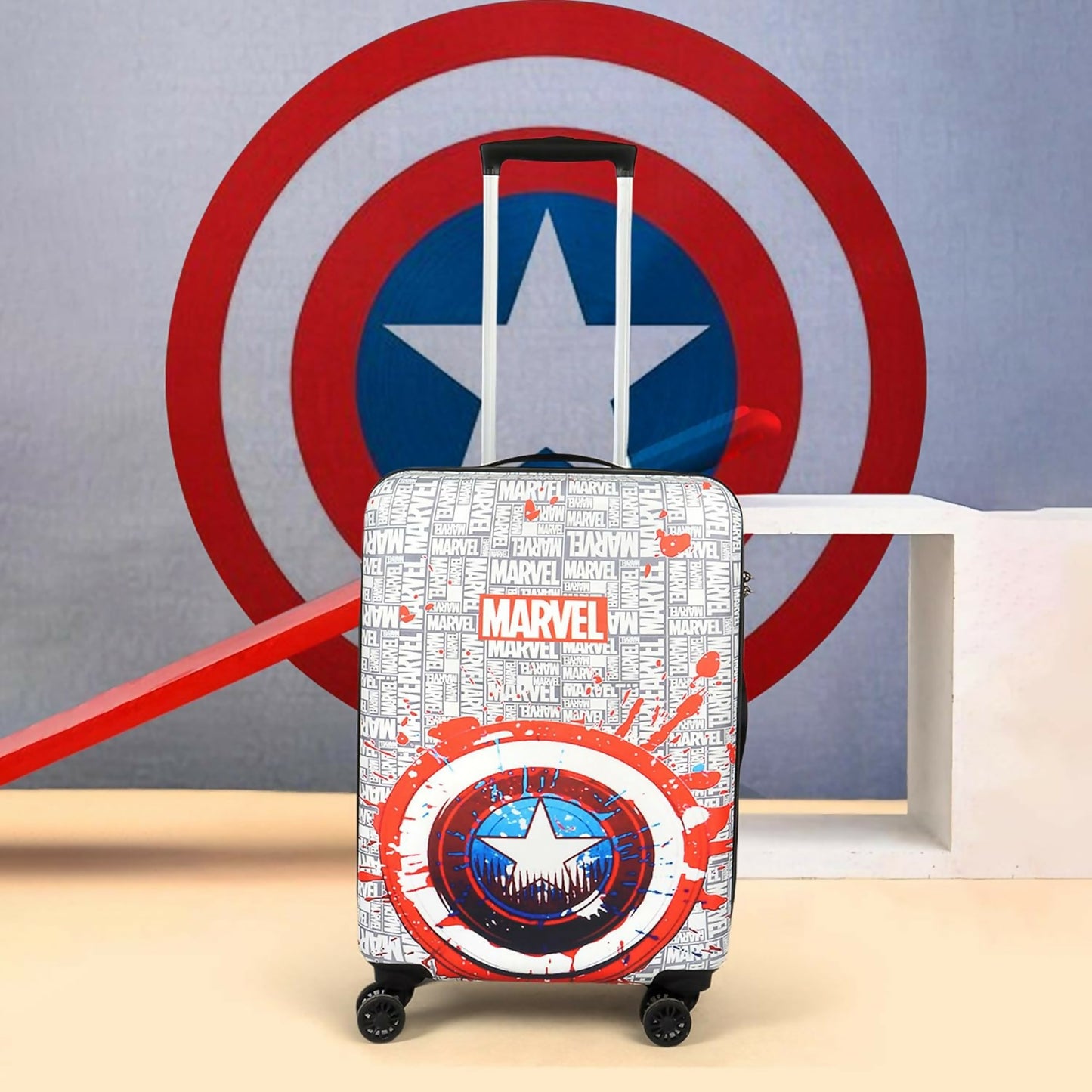 Novex Marvel Captain America Kids Polycarbonate Trolley Bag for Boys Travel Luggage with 4 Spinner Wheel (White-Red/22 Inch)