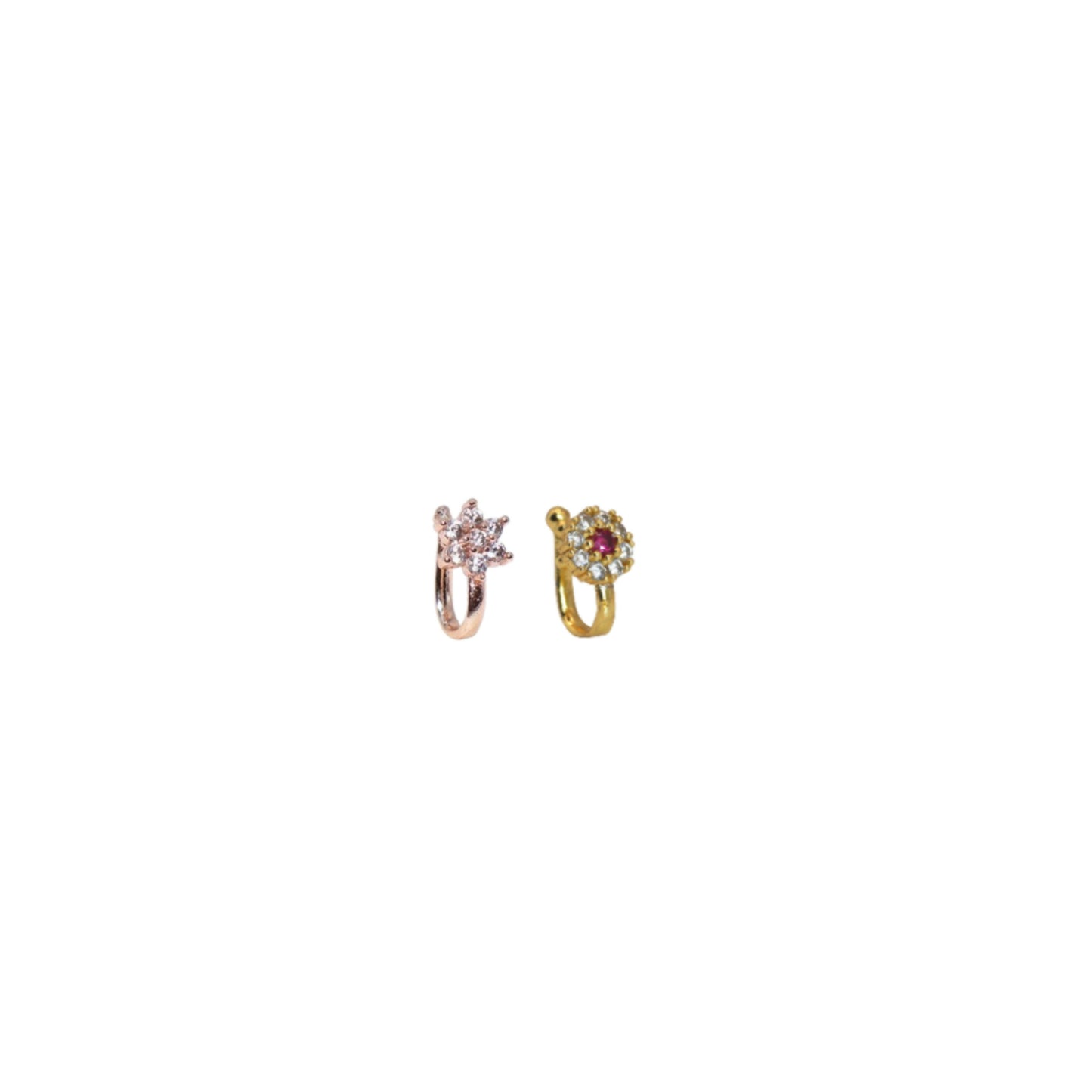 Gold-Plated Floral Stone Press Nose Ring/Clip-On Nath Combo Pack of 2