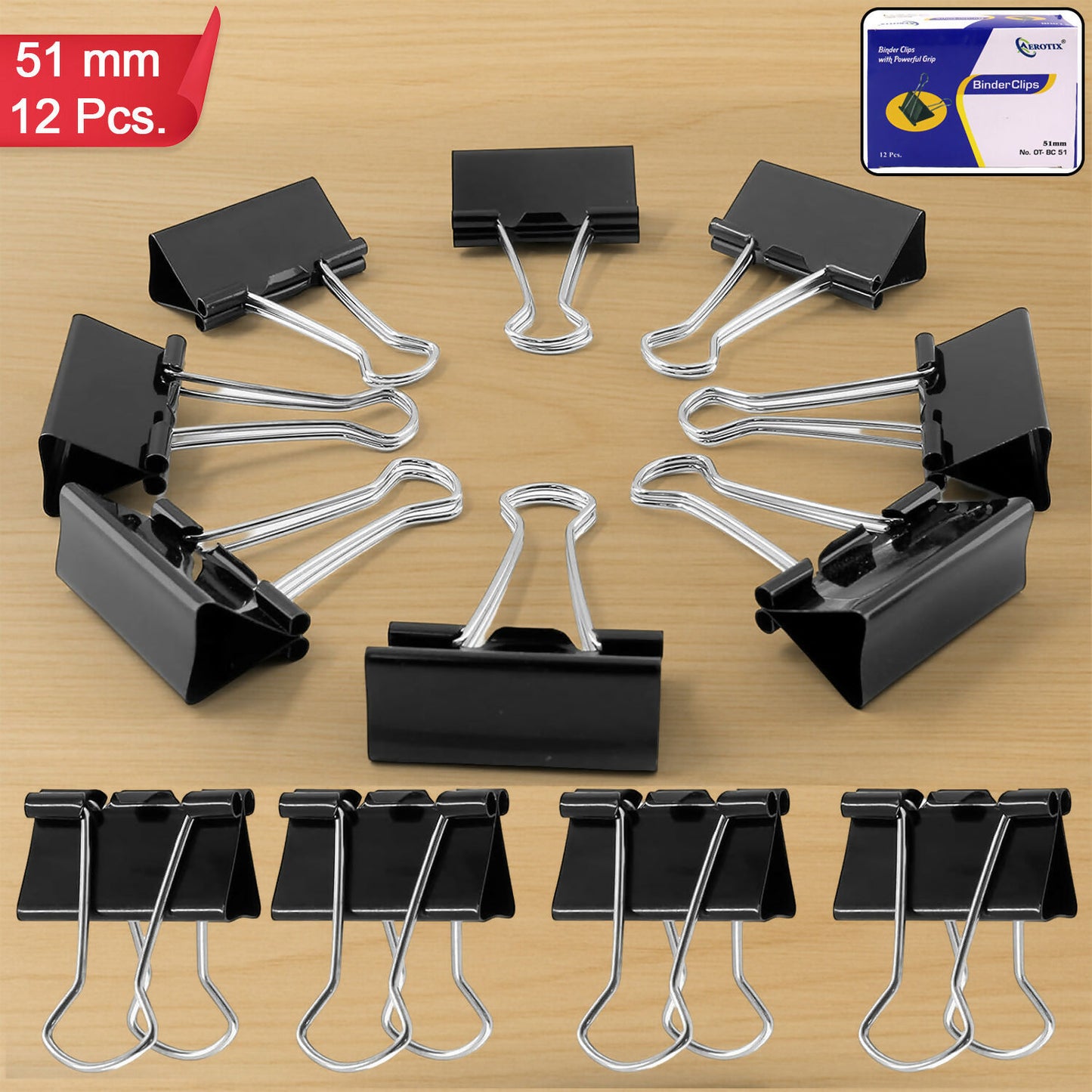 Heavy Duty Binder Clips Set with Strong Spring Grip for Office & School Use (51 mm, 12 Pieces)