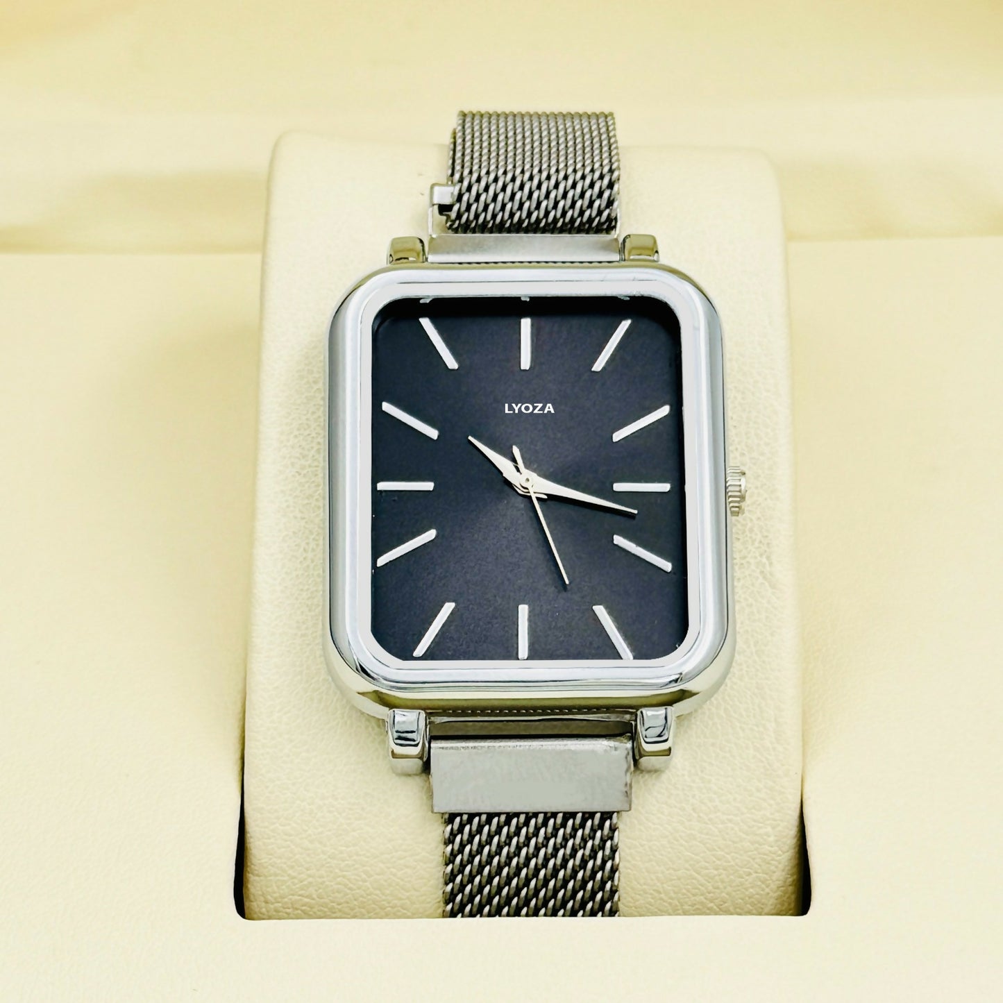 Silver Square Analog Watch with Mesh Strap
