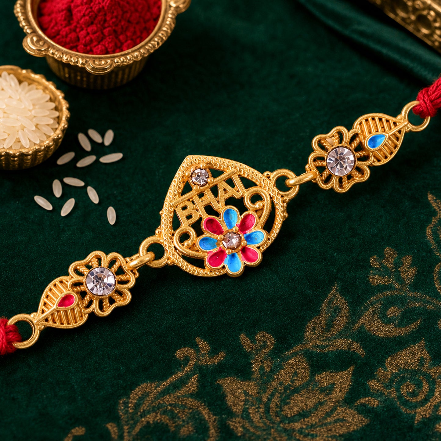 Designer Rakhi featuring BHAI Floral Plaque, clean frame and display look for Gifting
