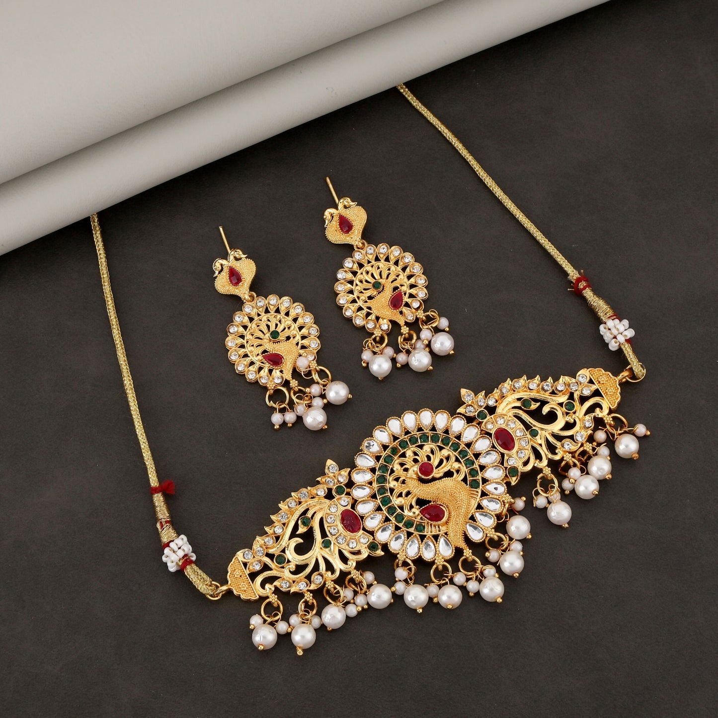 Traditional Gold-Plated Kundan & Pearl Choker Necklace with Matching Earrings