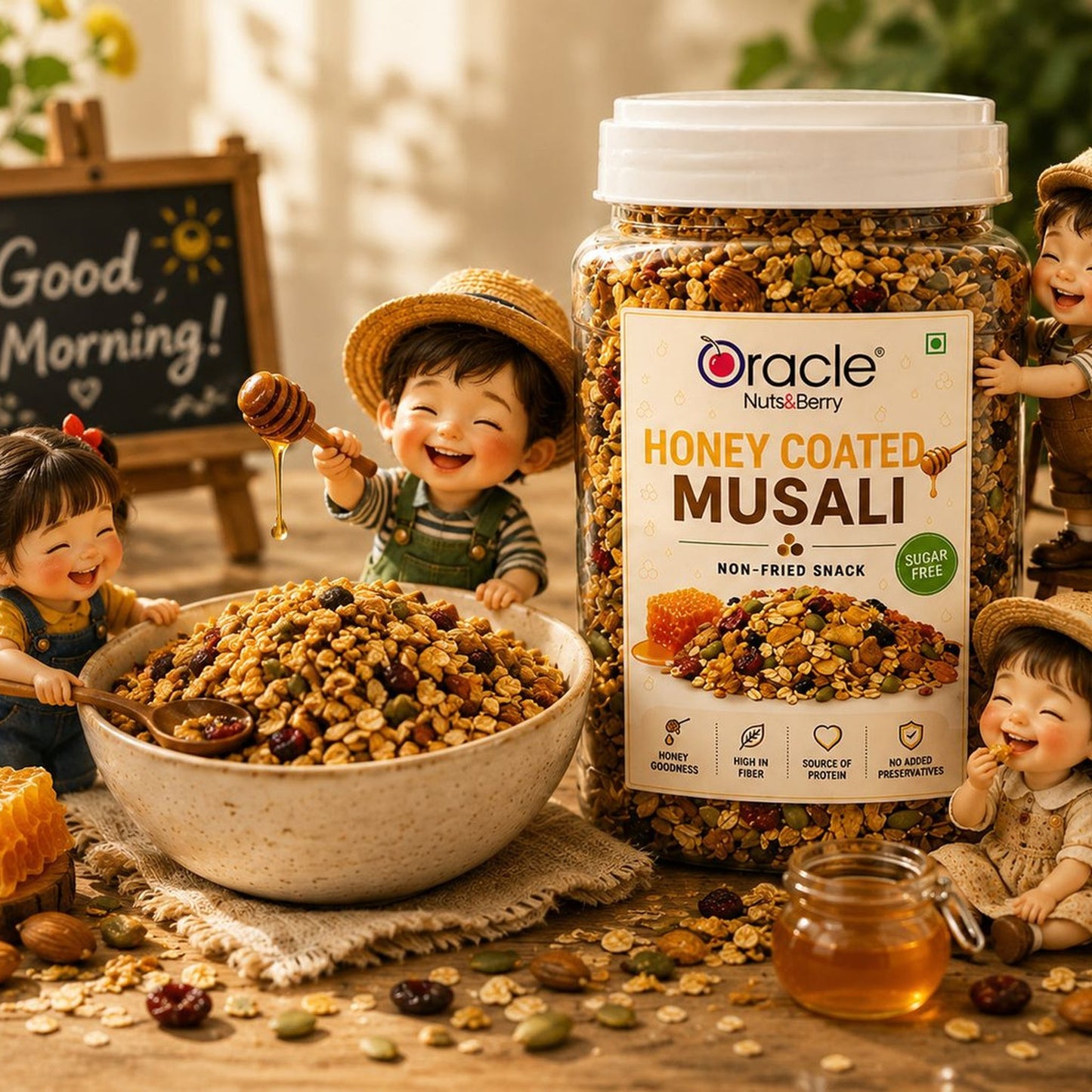Serving suggestion for Oracle Mocha Coffee Muesli topped with fresh fruits.