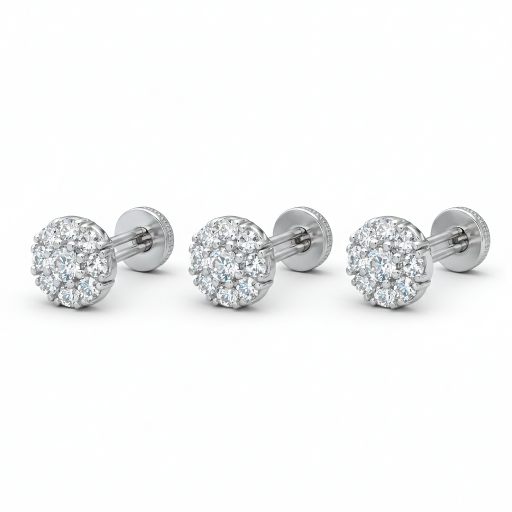 Silver plated nose pin showing 7-stone crystal floral motif for women and girls