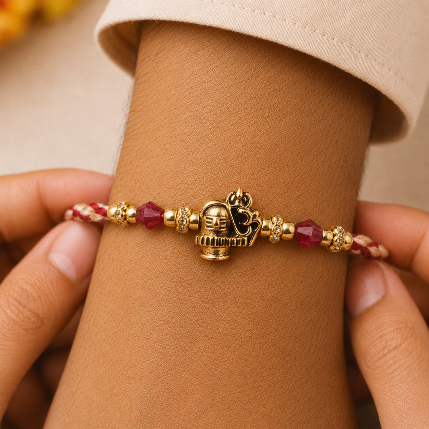 Sacred Deity Rakhi with Red-Beige Thread and Gold Pendant for Raksha Bandhan Gift