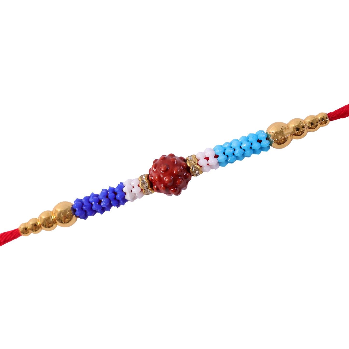 Blue Red Beaded Rakhi with Gold Accents and Classic Festive Brother Gift Appeal Ideas