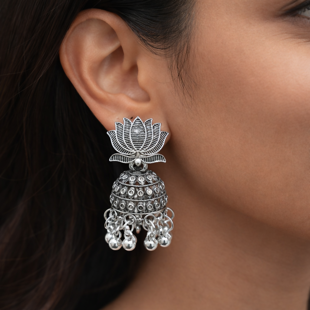Stunning Pair Oxidised Silver Lotus Jhumka Earrings