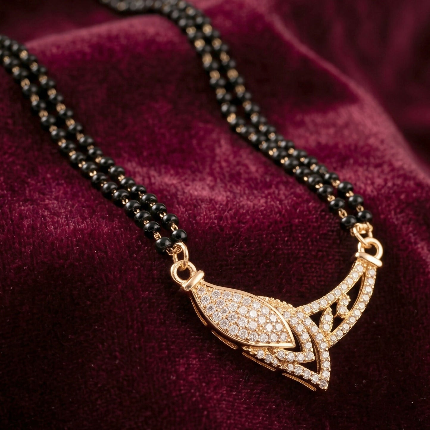 Rose Gold Finish Marquise Eye CZ Pendant with V-Frame Double Strand Mangalsutra
