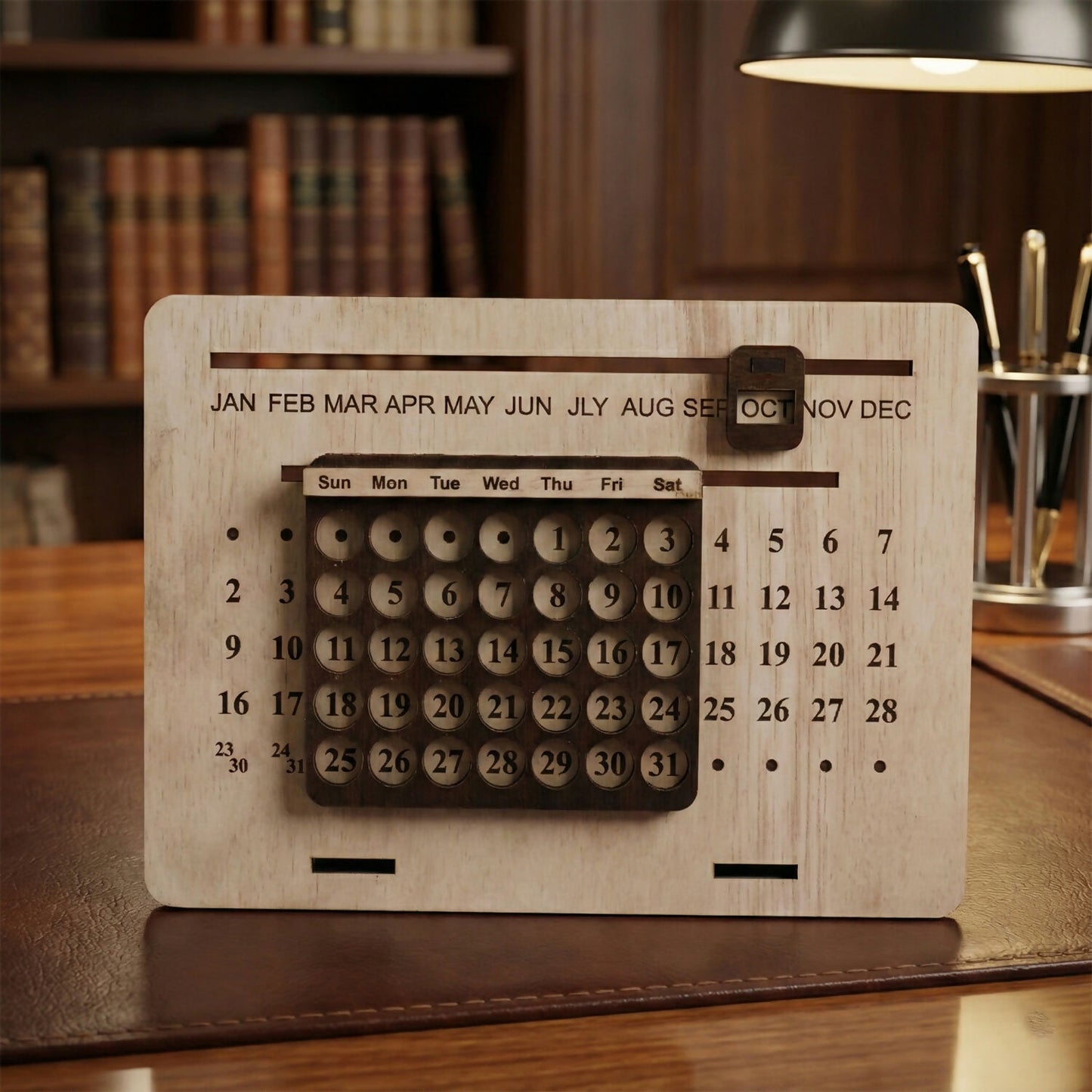 Wooden Perpetual Desk Calendar with Sliding Month Marker & Date Display