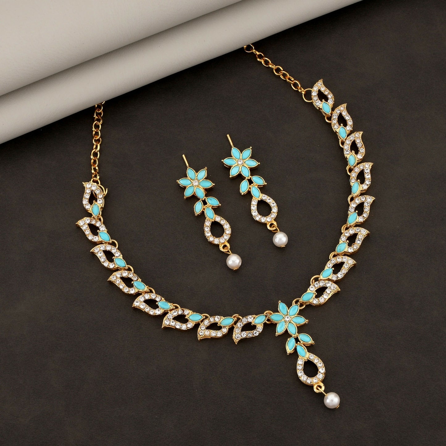 Gold-Plated Turquoise & Diamond-Look Floral Link Necklace Set
