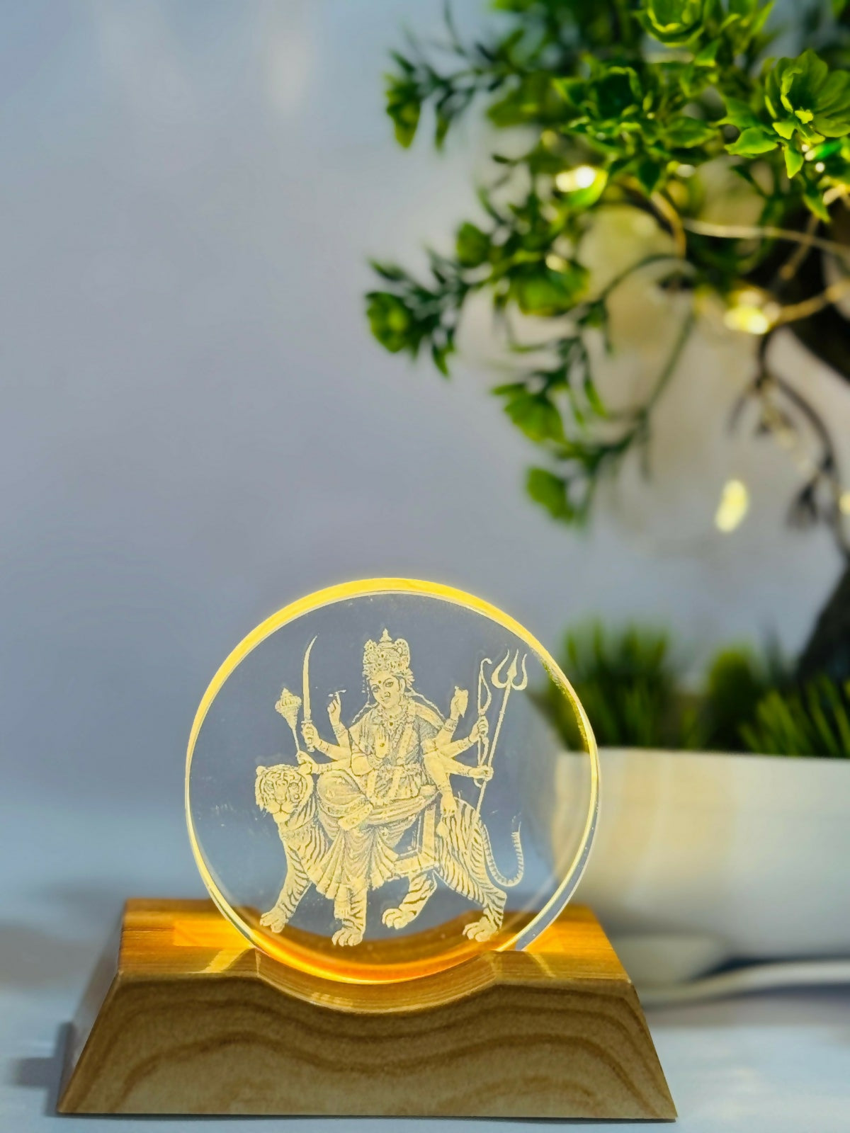 Durga Engraved Acrylic LED Night Lamp with Wooden Base for Home Decor & Gifting