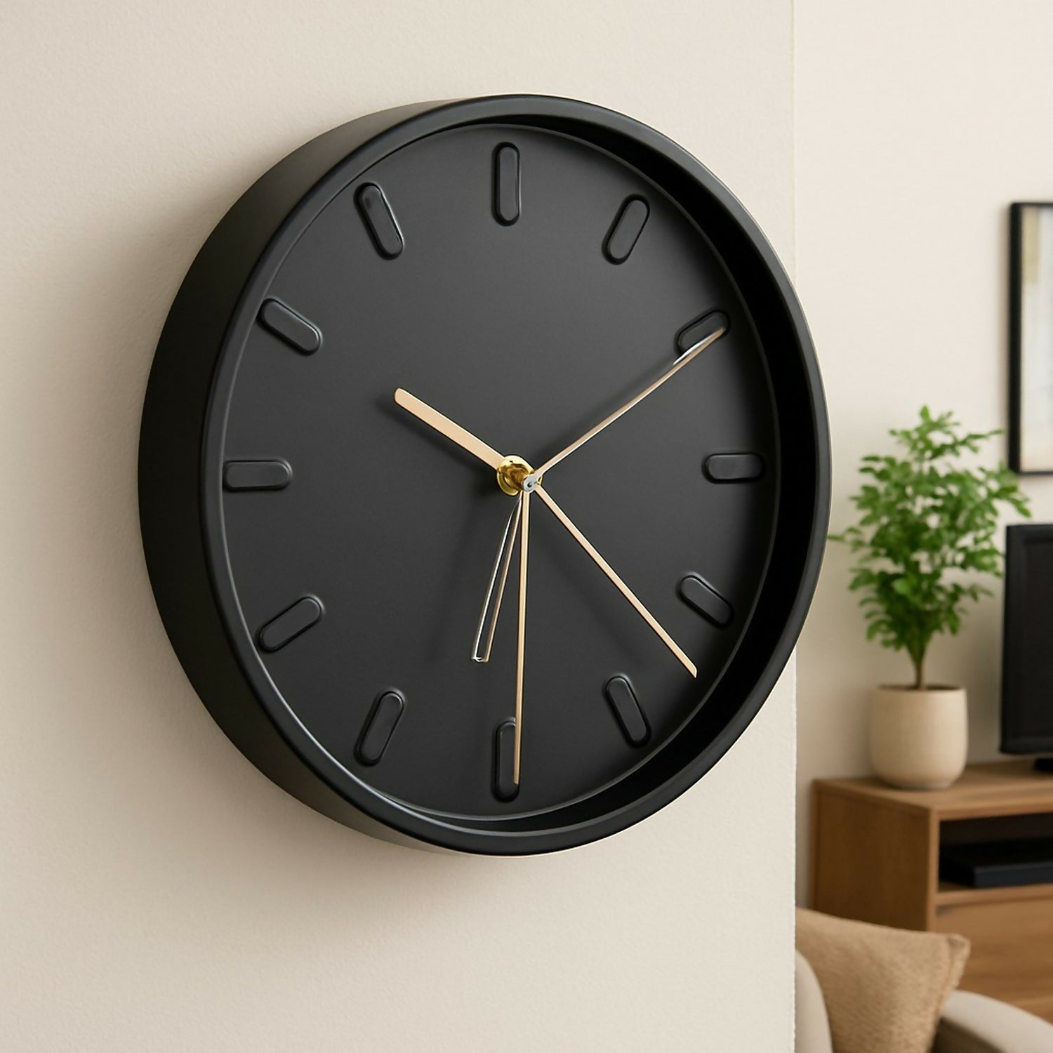 Minimalist Black Wall Clock with Silent Sweep Movement – Modern Round Decorative Wall Clock with Golden Hands, Battery Operated, Stylish Home & Office Wall Décor (12 Inch)
