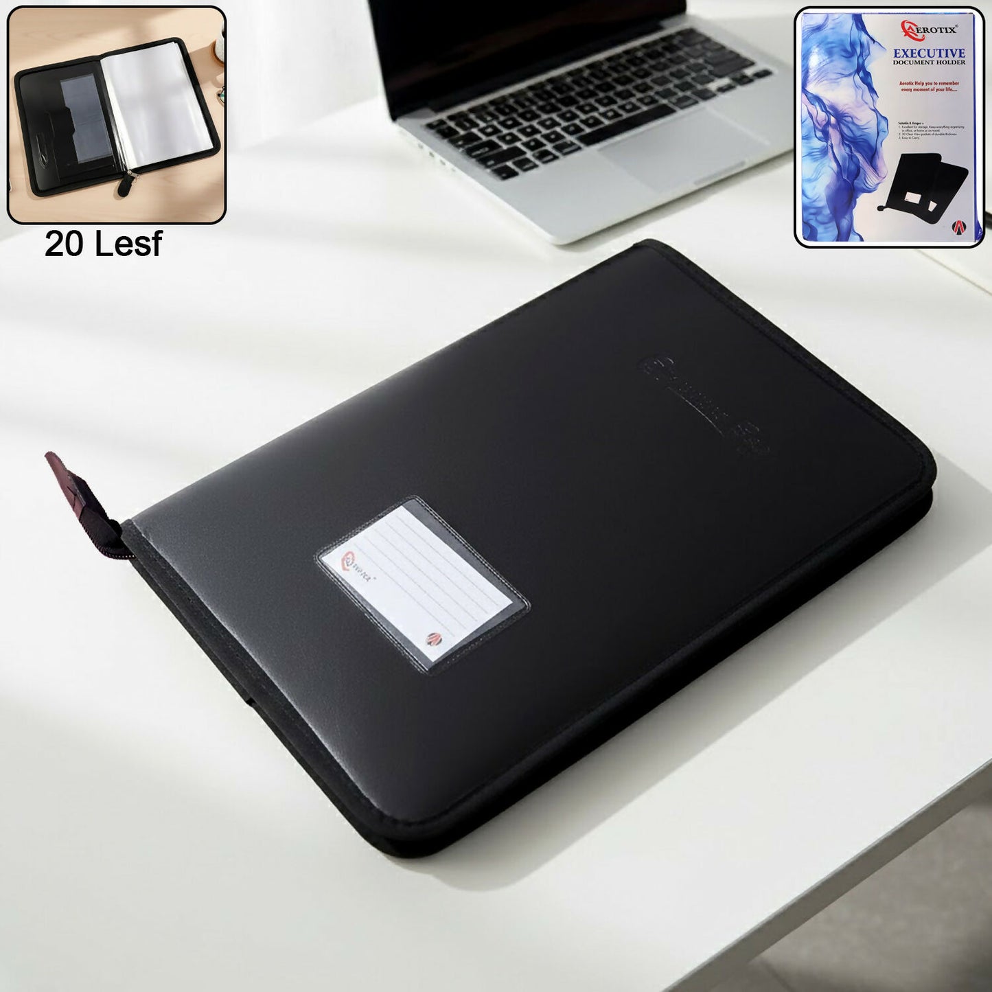Executive Zipper Document File Folder with 20 Clear Sleeves for Office & Conference