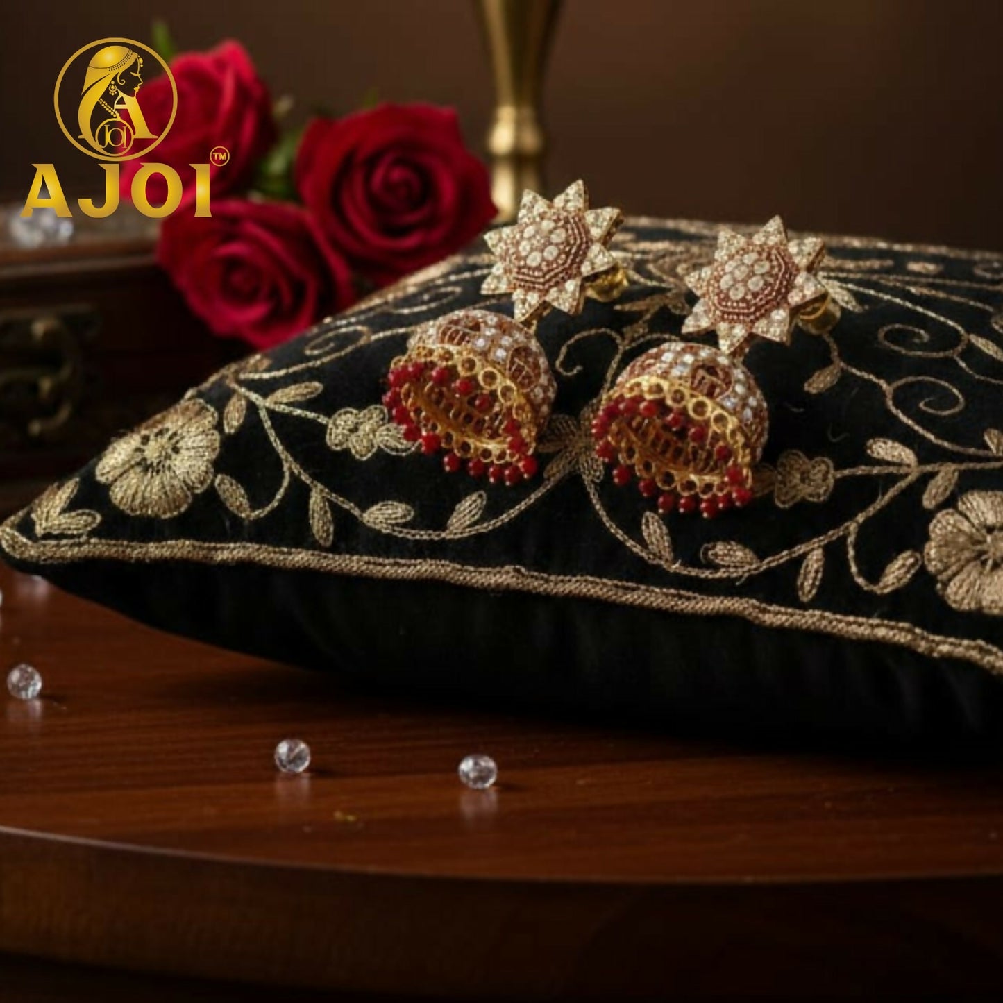 Traditional Gold Plated Kundan Jhumka Earrings with Red Bead Drops