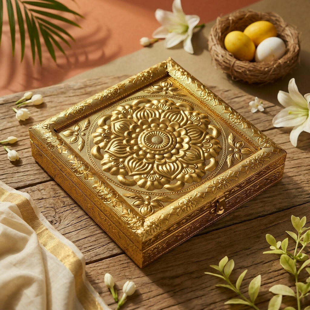 Handcrafted golden embossed floral mandala metal jewelry box with royal heritage design