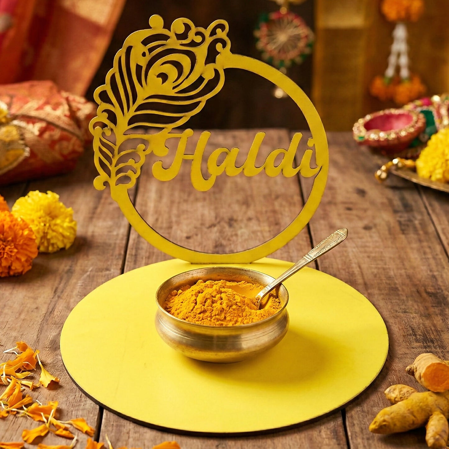 Haldi Ceremony Tabletop Sign with Peacock Motif | Elegant Wedding Decor Accent