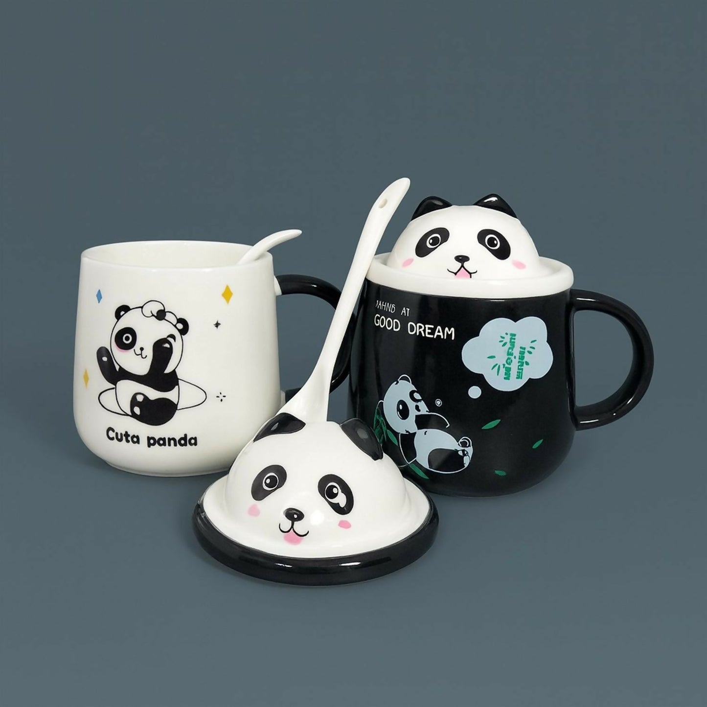 Pack of 1 Cute Panda Ceramic Mug with Lid & Spoon | Cartoon Panda Coffee & Milk Cup for Kids & Adults | Premium Quality Cartoon Mug for Home, Office, Gifting & Daily Use | Heat-Resistant, Easy-Grip Handle (Cute Panda Design)