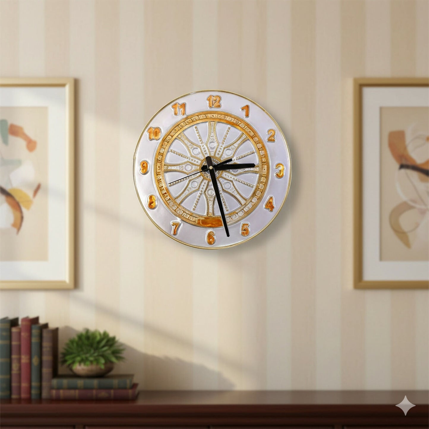 Grey Resin Art Wall Clock with TimeCycle & Mandala Gold Detailing (10x10)